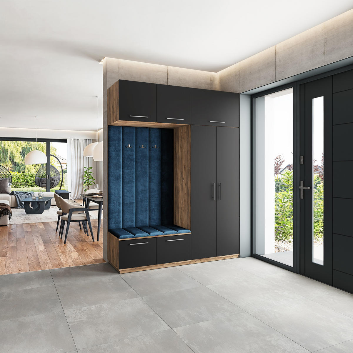 GARDEROBENSCHRANK REMA 180/240/60 cm Modern Garderobe-Set Eiche Lefkas - Blau/Eichefarben, Holzwerkstoff (180/240/60cm) - MASSENO