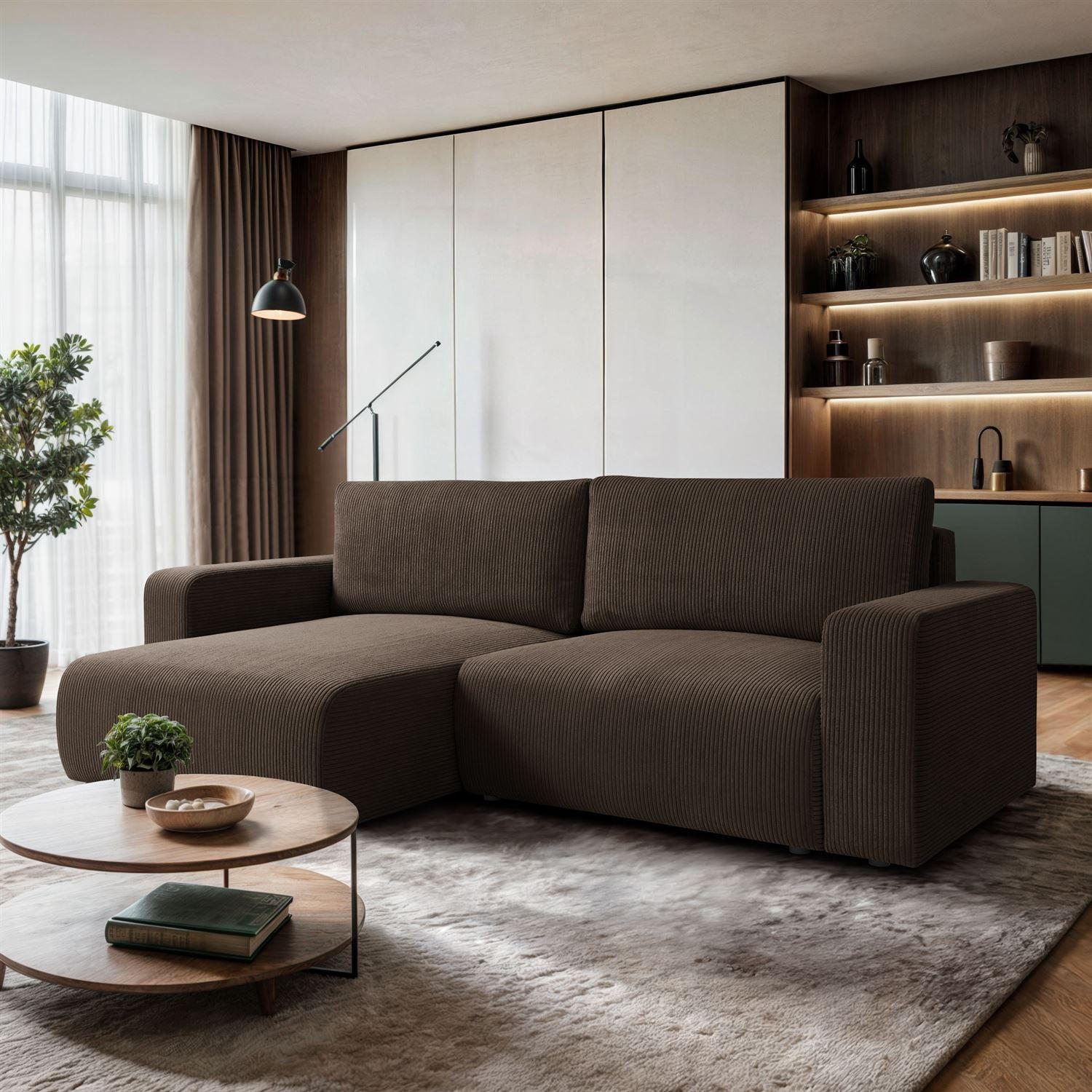 ECKSOFA OPERA L-Form mit Schlaffunktion und Bettkasten, Poso 06 - Braun, Textil (247/143cm) - Lookway