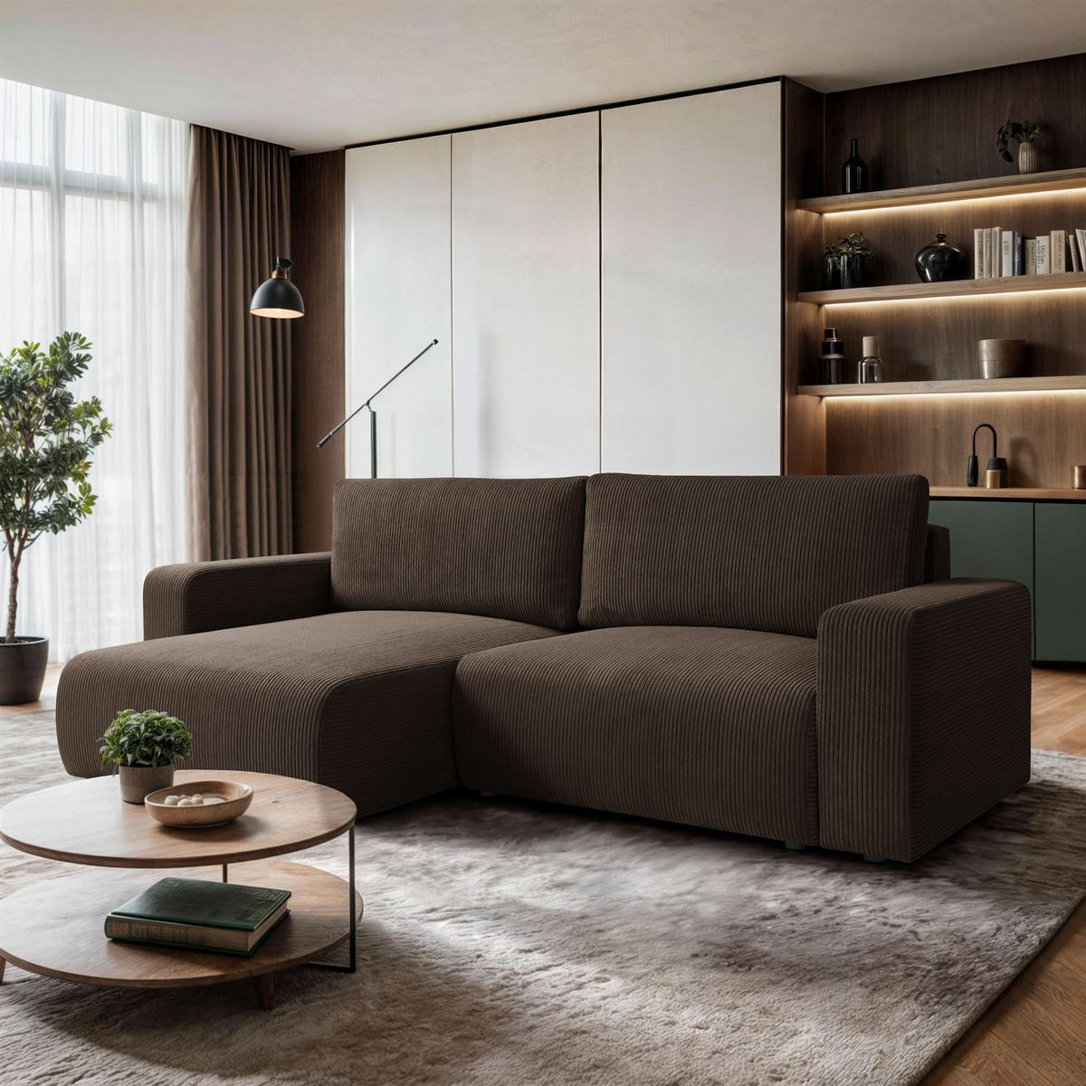 ECKSOFA OPERA L-Form mit Schlaffunktion und Bettkasten, Poso 06 - Braun, Textil (247/143cm) - Lookway