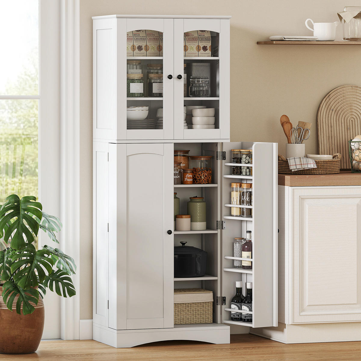 BUFFET DE-11343 Vitrine mit 4 Acryltüren & 8 Gewürzregalen Weiß - Weiß, Holzwerkstoff (40/162/60cm) - ComfortXL