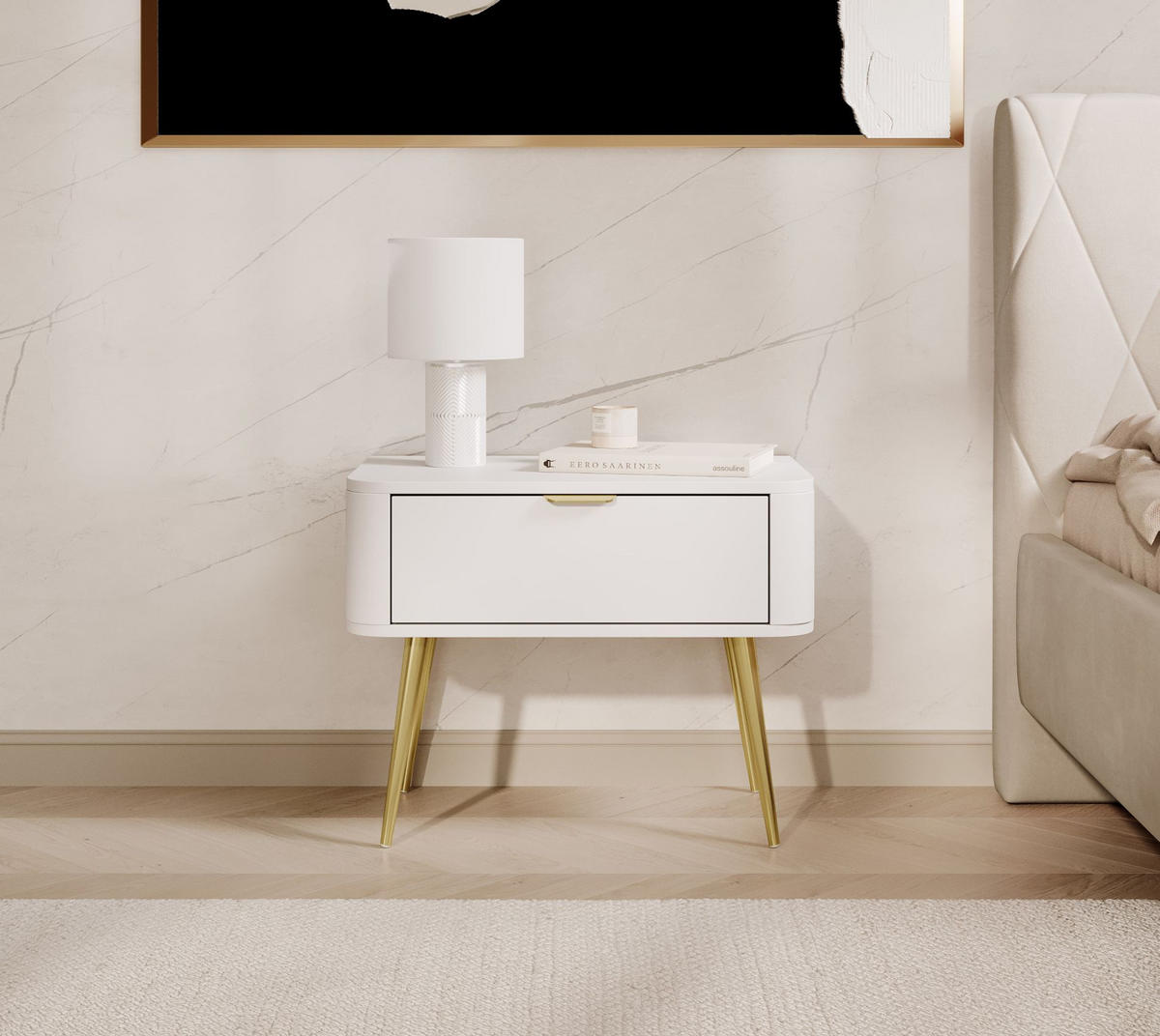 NACHTTISCH Oval Weiß 63 cm - Goldfarben/Weiß, Holzwerkstoff/Metall (62.6/49.2/38cm) - Selsey