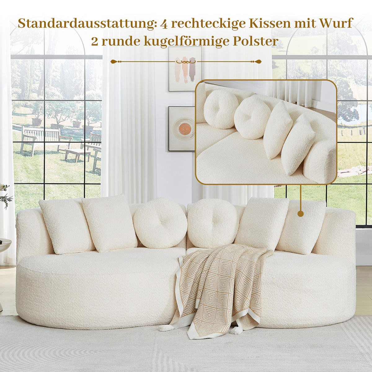 3-SITZER SOFA Geschwungenes Modulares Chenille Cashew - Beige, Textil (223/79/109cm) - Urban Meuble