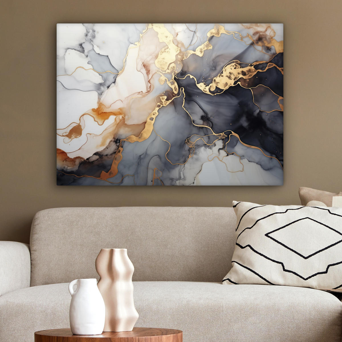 LEINWANDBILD Marmor - Schwarz - Gold - Weiß Wandbilder 80x60 cm - Dunkelgrau, Textil (80/60cm) - MuchoWow