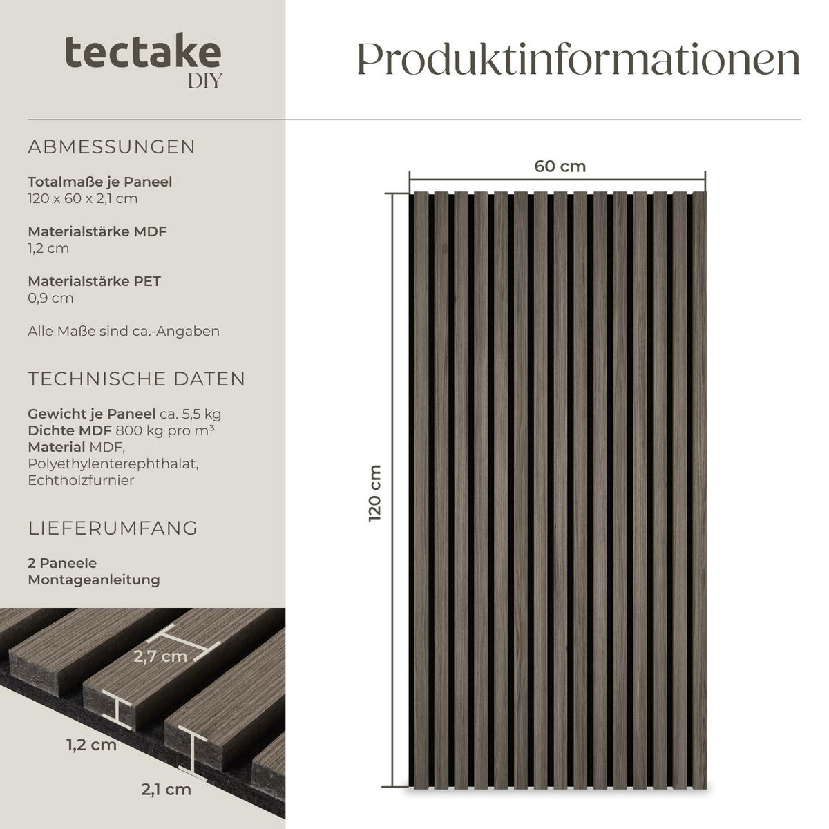 AKUSTIKPANEELE 2er Set Sonic Wall, je 60 x 120 x 2, 1 cm, Größe flexibel anpassbar, Eiche grau - Grau/Silbereichenfarben, Holz (60/2.1/120cm) - tectake