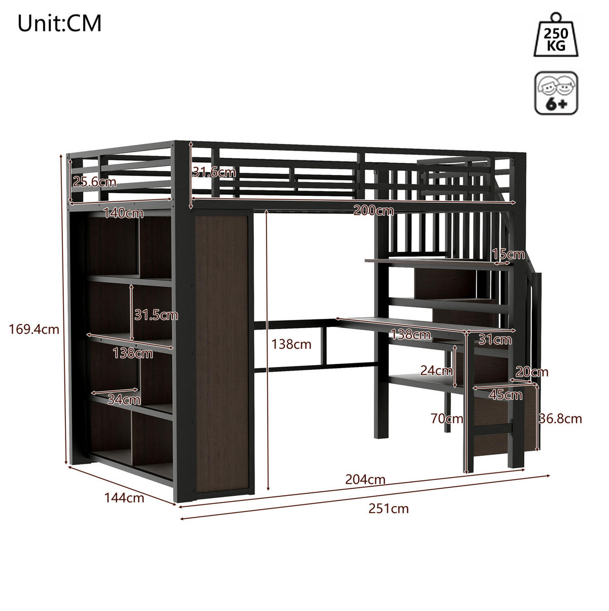 HOCHBETT 140/200 cm Schwarz aus Metall mit Schreibtisch und Stauraum - Schwarz, Metall (140/200cm) - OKMYHOME