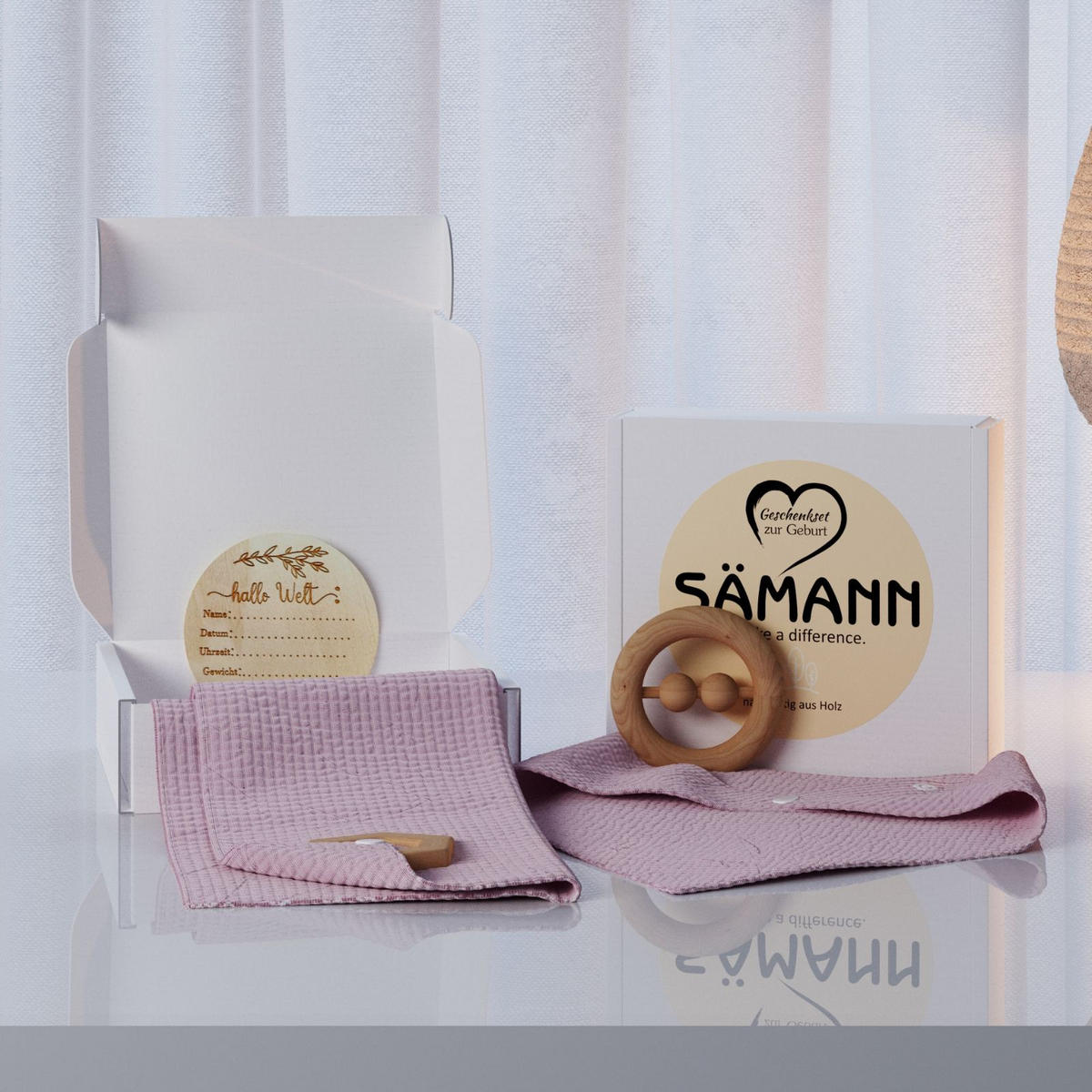 BABY Geschenkset 4-tlg. zur Geburt mit Halstuch, Rassel, Karte, Schmusetuch rosa - Rosa, Textil (10/10cm) - Sämann – make a difference.