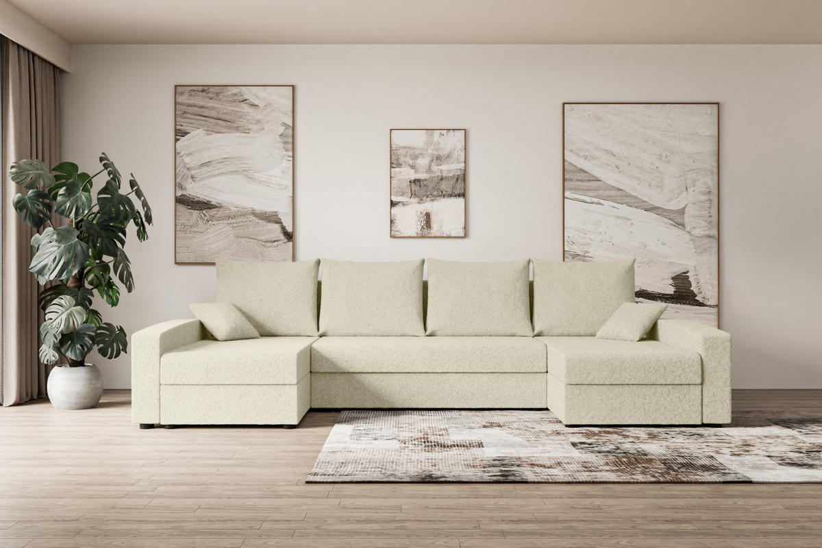 WOHNLANDSCHAFT mit Schlaffunktion und Bettkasten ALESIA-U 301x140x90 cm Beige Bouclé - Beige/Silberfarben, Holzwerkstoff/Kunststoff (301/90/140cm) - ALTDECOR