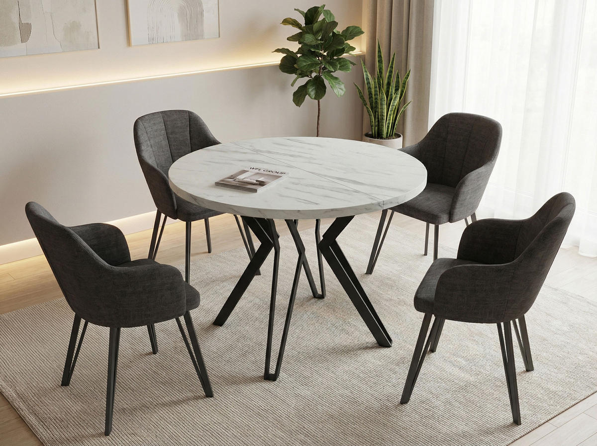 ESSTISCH Revena runder ausziehbarer, Marmor Weiß 120-200/120/76 cm - Ecru/Schwarz, Holzwerkstoff/Metall (120/120/76cm) - WFL GROUP