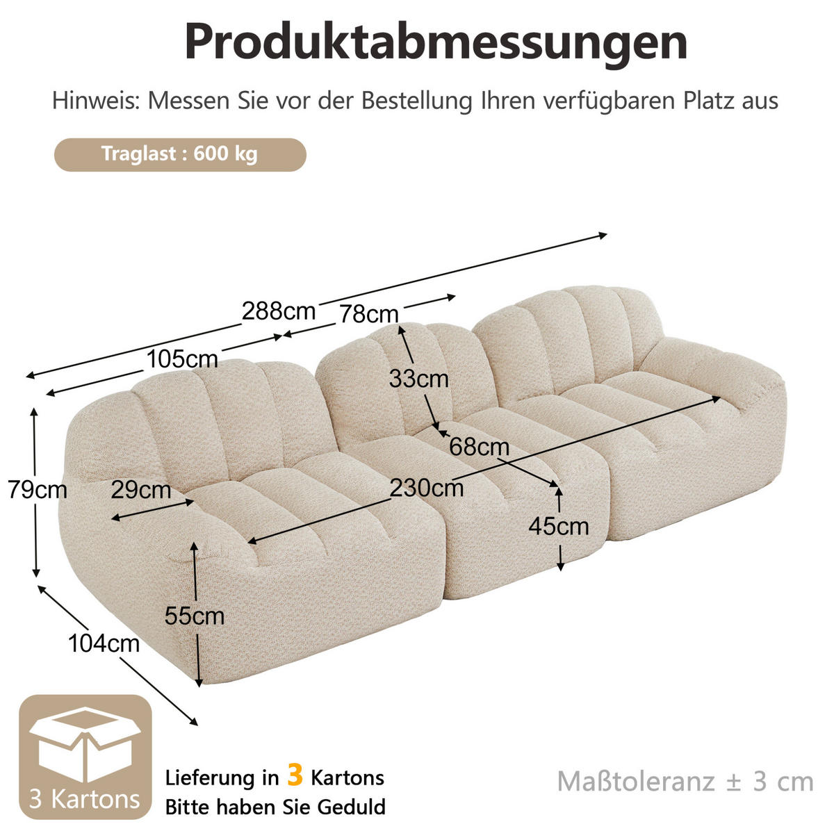 SOFA in Beige Weiß aus Granuliertem Fleece mit Ottomane - Beige, Textil (104/79/288cm) - Flora Grace