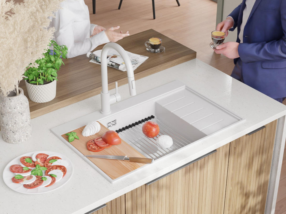 SPÜLBECKEN Sydney, 2-er set Weiß 78/50 cm 1 Becken + Ablauf-Set + Küchenzubehörset ab 60er Unterschrank - Chromfarben/Beige, Kunststoff (78/20/50cm) - Primagran