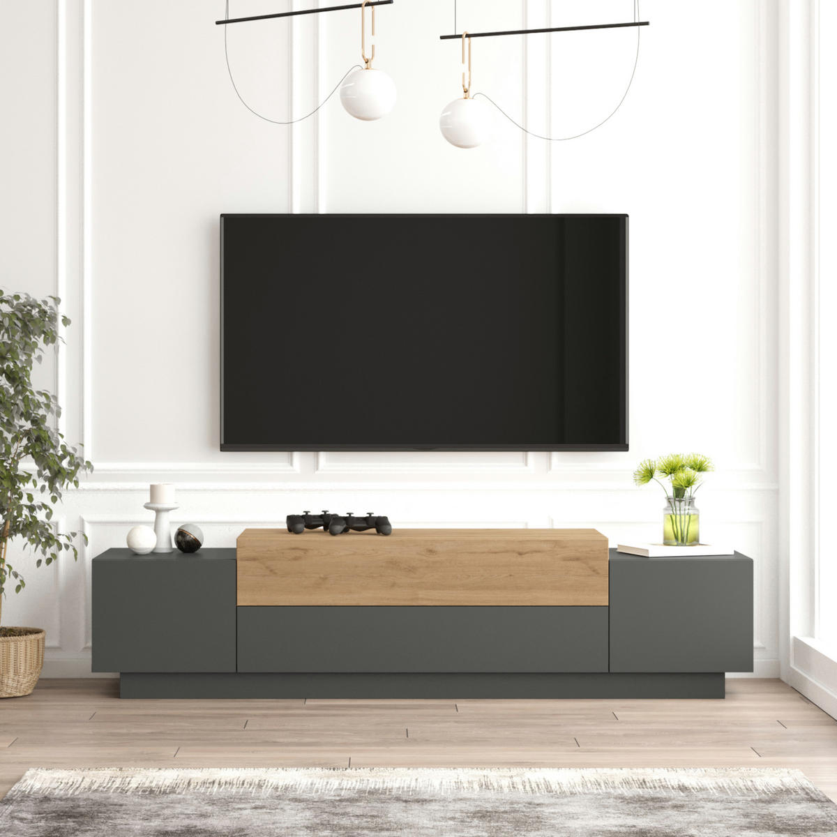 FERNSEHSCHRANK Firås - Eichefarben/Anthrazit, Holzwerkstoff (37.5/39/160cm) - [en.casa]
