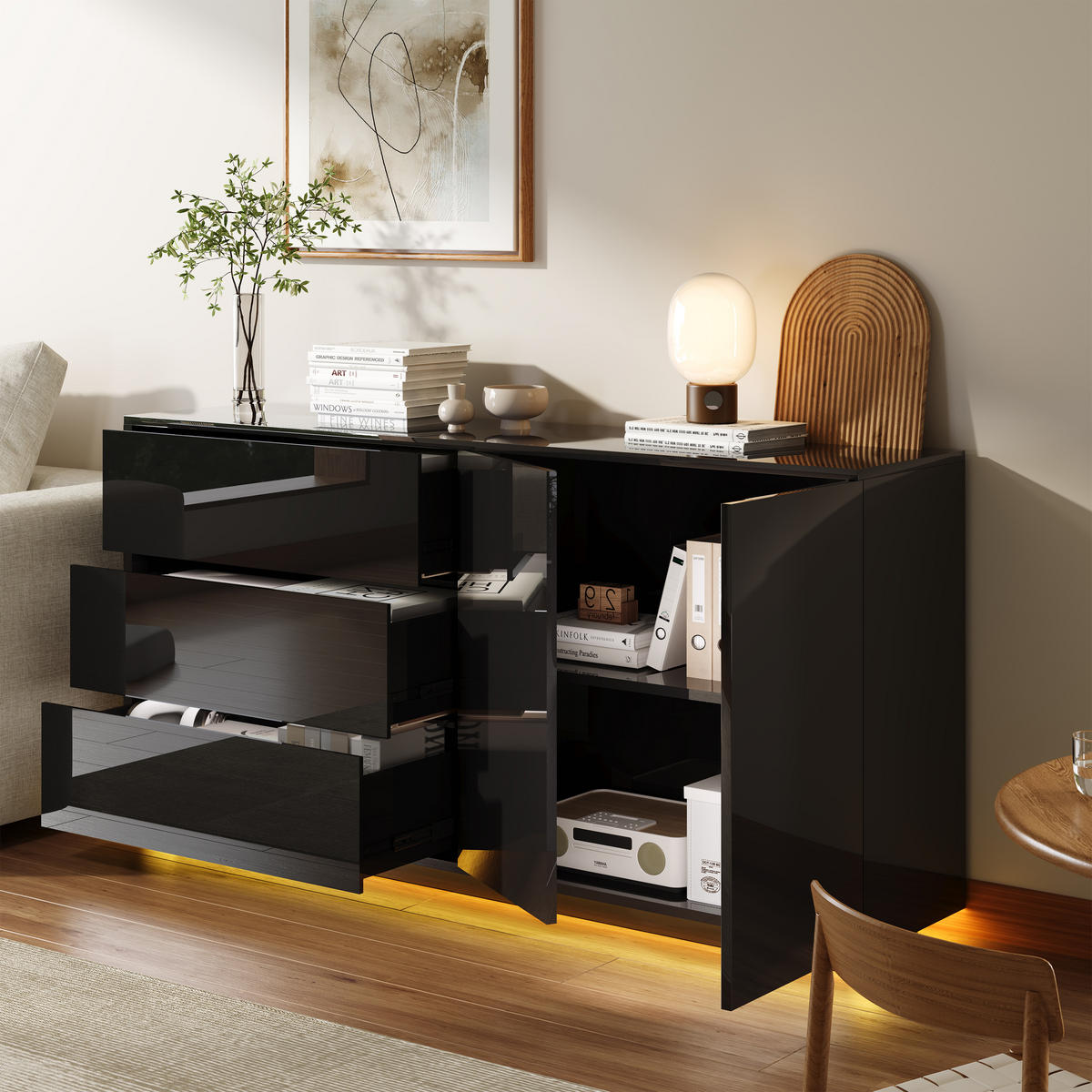 FERNSEH- & STAURAUMSCHRANK mit Hochglanzfront & LED - Schwarz, Holzwerkstoff (35/76/160cm) - SHOPENTRA