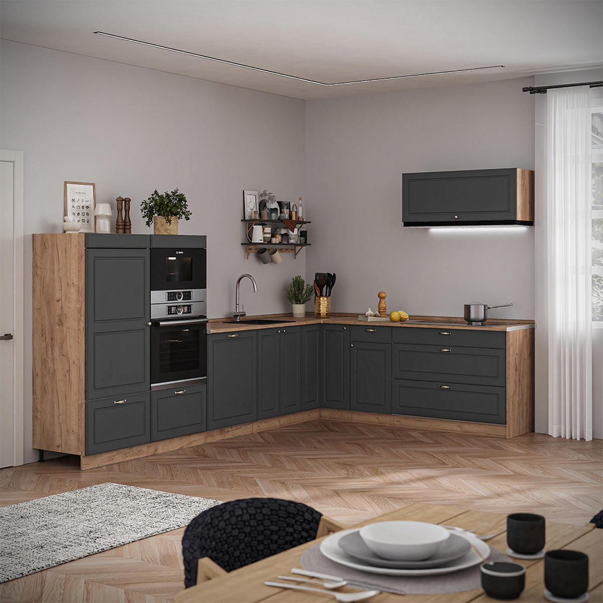 ECKKÜCHE Fame-Line, Anthrazit-Gold Landhaus/Goldkraft Eiche, 327 x 227 cm, AP Eiche - Honigeiche/Anthrazit, Holzwerkstoff (327/153.6/60cm) - Vicco
