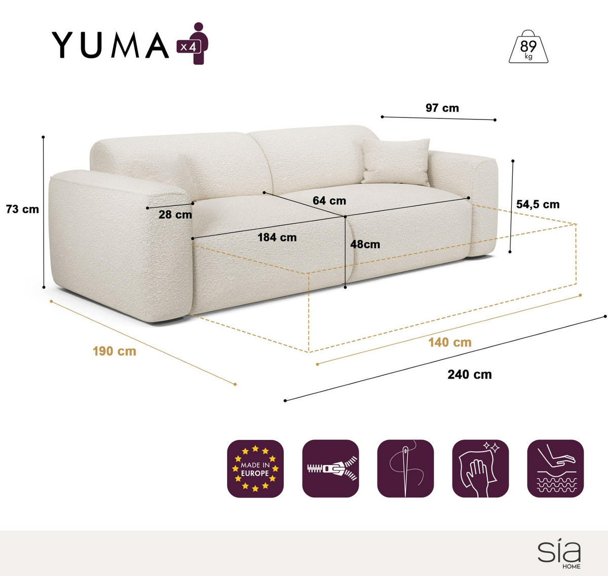 SCHLAFSOFA GERADE Bouclé-Stoff Olivgrün 240cm - Olivgrün, Textil (240/73/97cm) - Sia Home