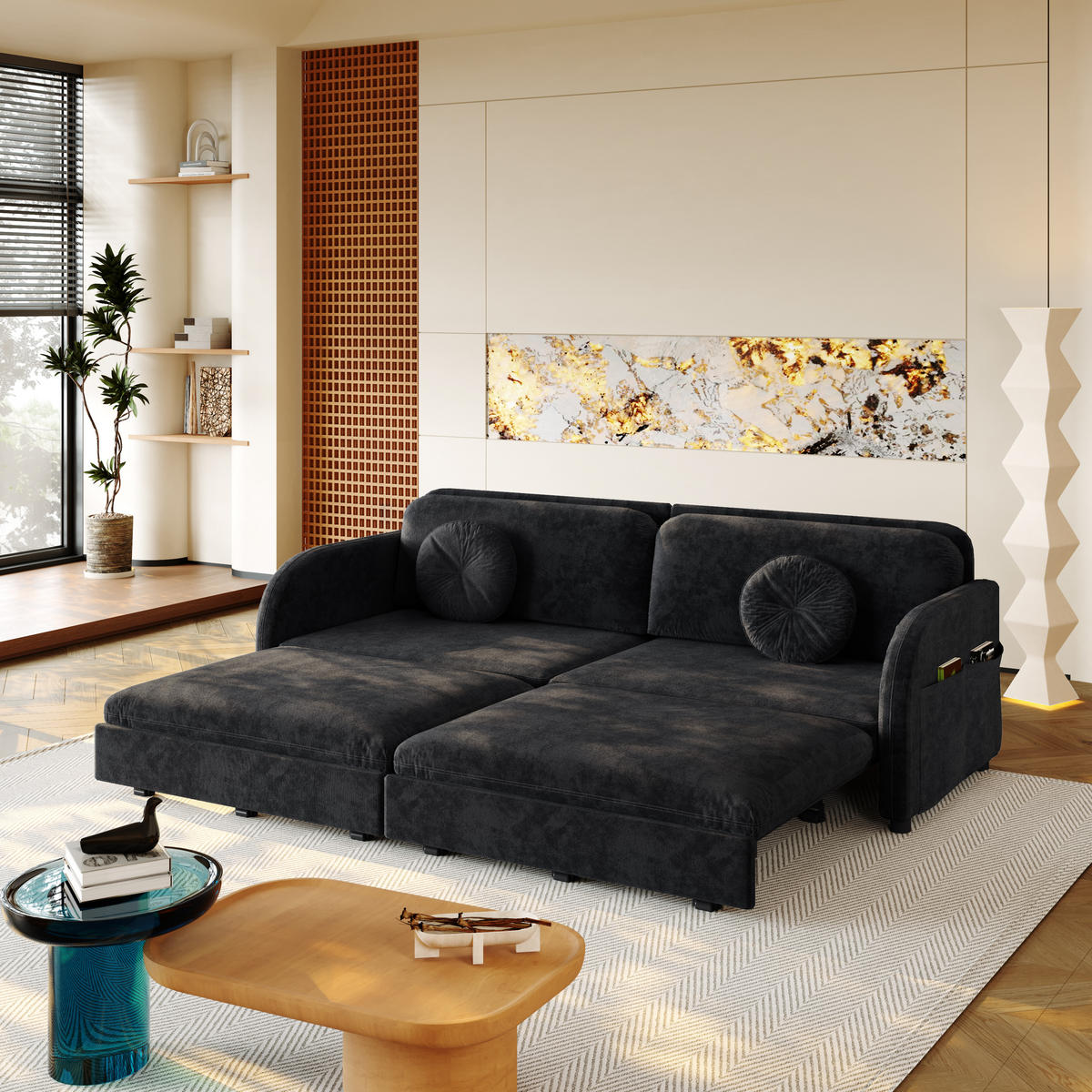 SCHLAFSOFA 3-in-1 ausziehbar 206 cm mit Stautaschen, DE-42862, Schwarz - Schwarz, Metall (206/90/84cm) - ComfortXL