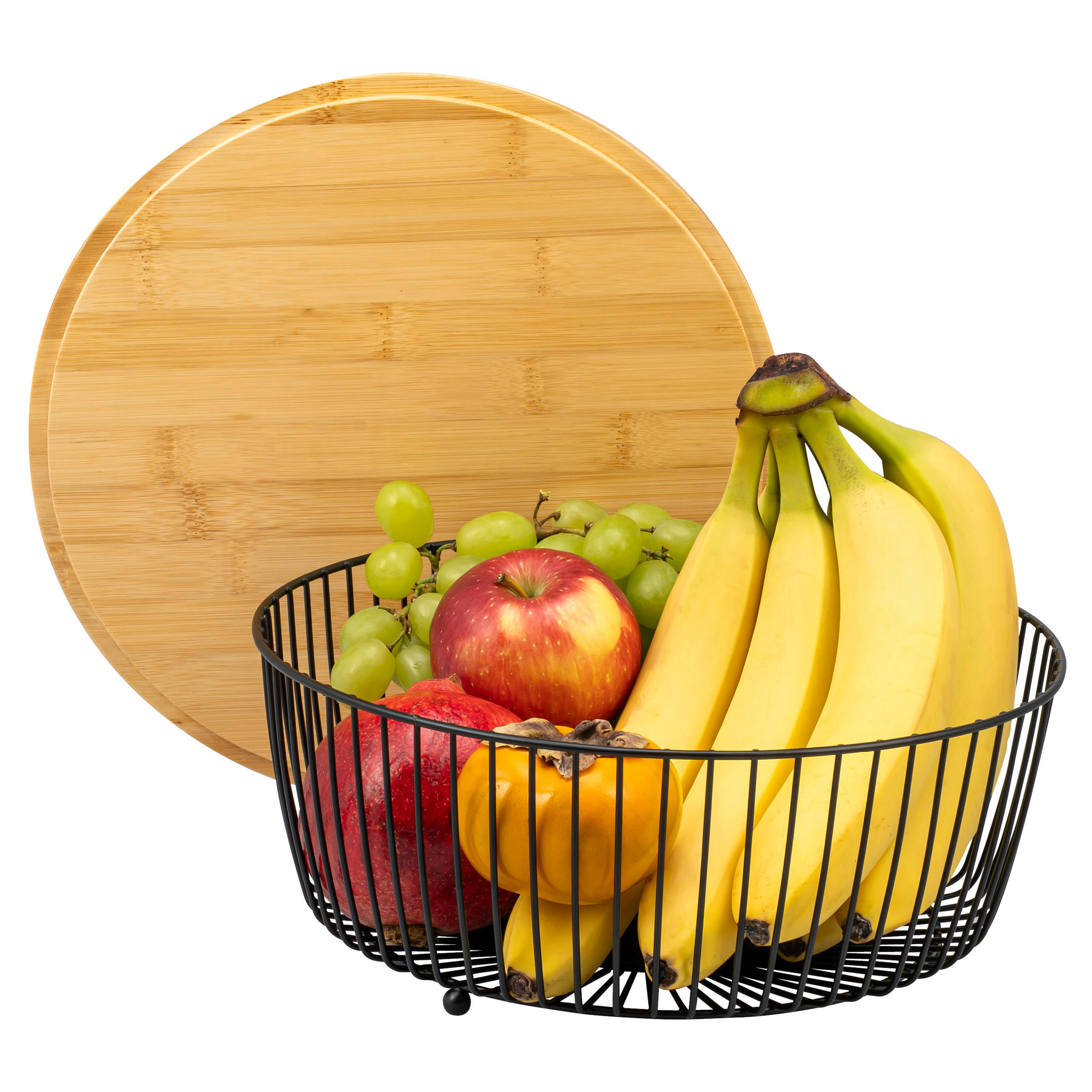 OBSTKORB mit Bambusdeckel, schwarz, rund - Schwarz, Metall (12.5cm) - eluno
