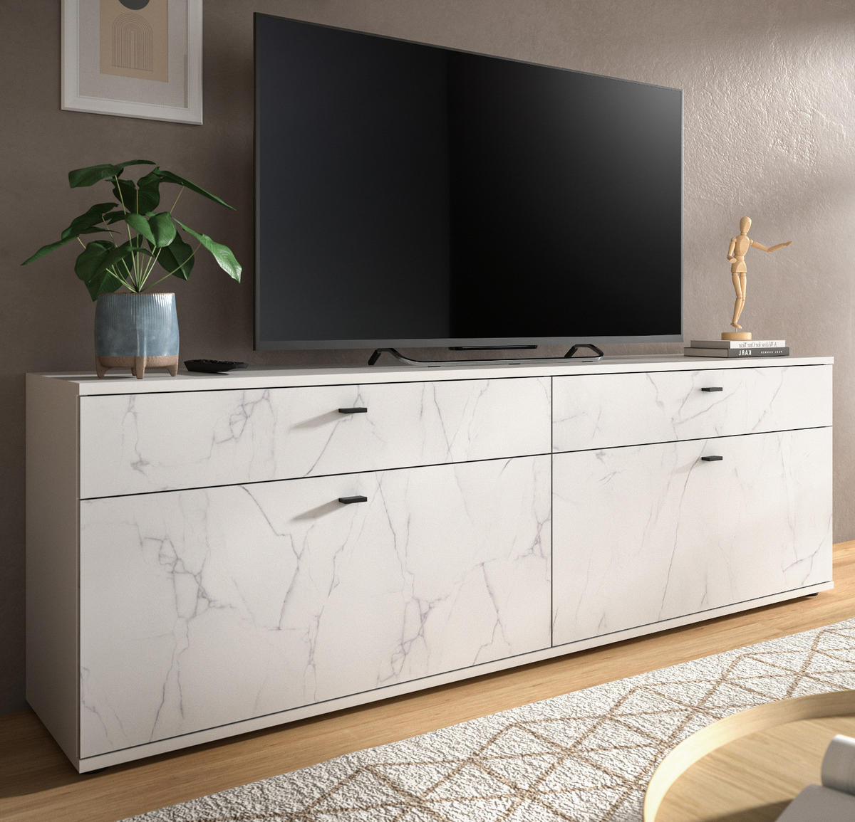TV-LOWBOARD weiß Marmor 180 cm, TV-Unterteil in Komforthöhe - Schwarz/Weiß, Holzwerkstoff/Kunststoff (180/62/40cm) - Inn.Furn