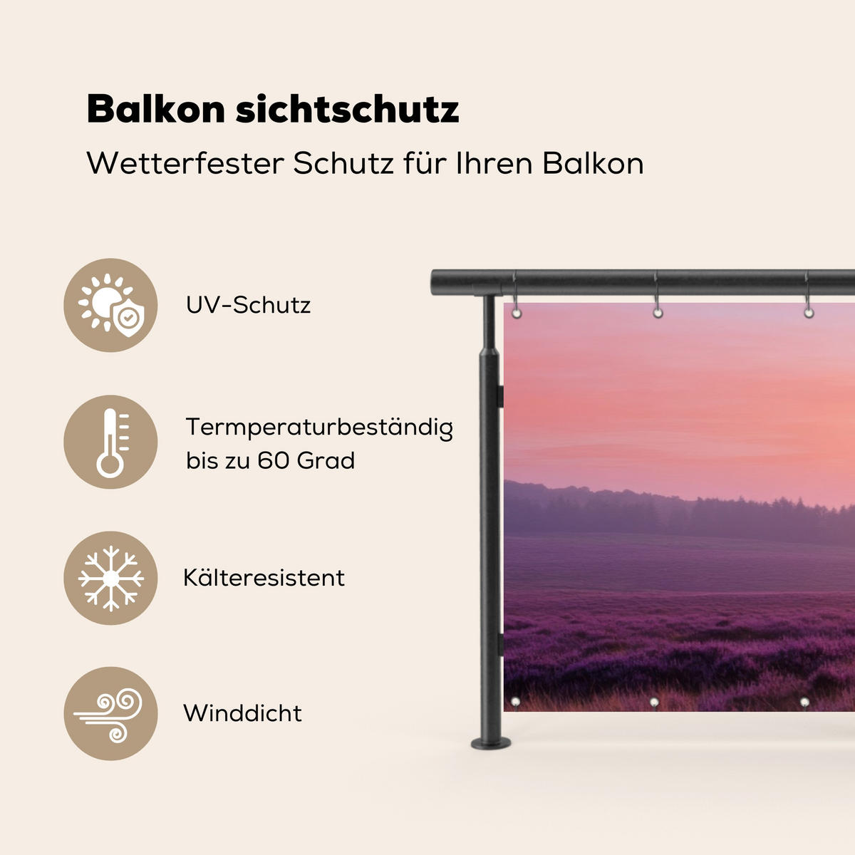BALKON-SICHTSCHUTZ Baum - Heidekraut - Sonnenaufgang - Flieder, Kunststoff (300/100cm) - MuchoWow