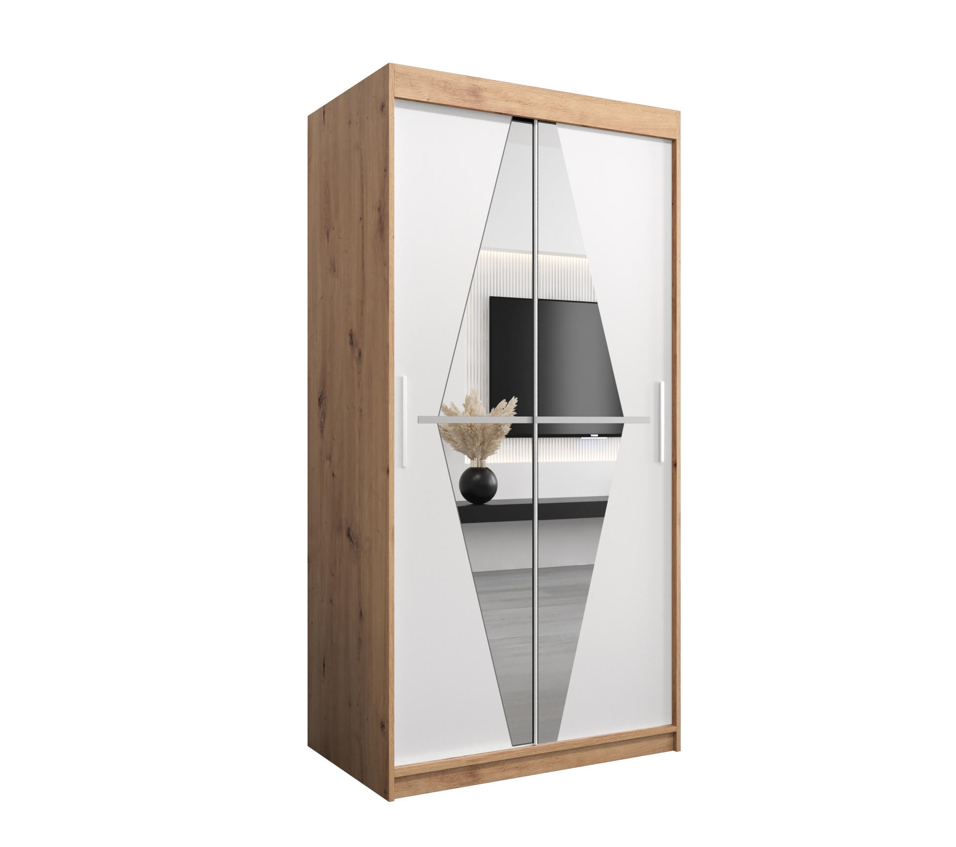 Abiks Möbel Schwebetürenschrank Eiche Artisan, Weiß 100x200x62 cm