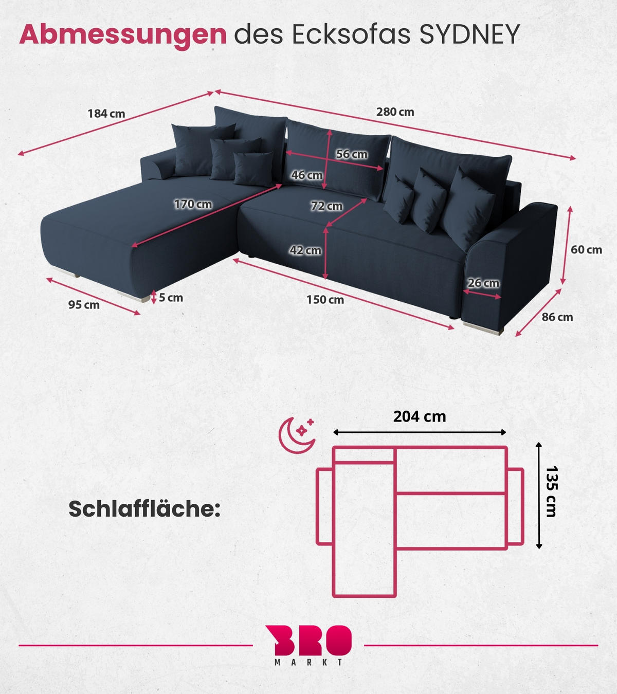 ECKSOFA Sydney mit Schlaffunktion Blau Leinenoptik - Blau, Textil (280/184cm) - Bromarkt