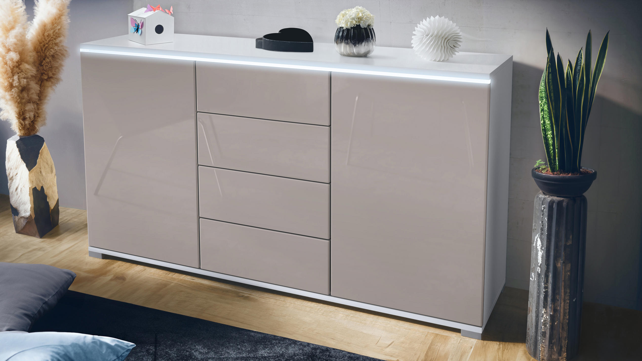 SIDEBOARD Faro Sandgrau Hochglanz - Sandfarben, Holzwerkstoff (138.5/75.5/35cm) - Vladon