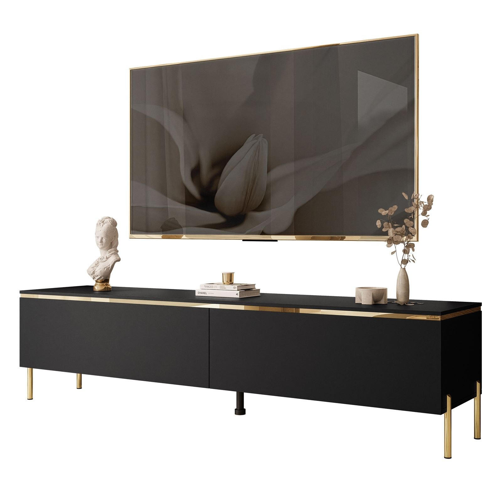 TV-LOWBOARD AURORA Schwarz Matt mit gerade Goldchrom Fuße und LED Beleuchtung - Goldfarben/Schwarz, Holzwerkstoff/Metall (180/46/40cm) - Lookway