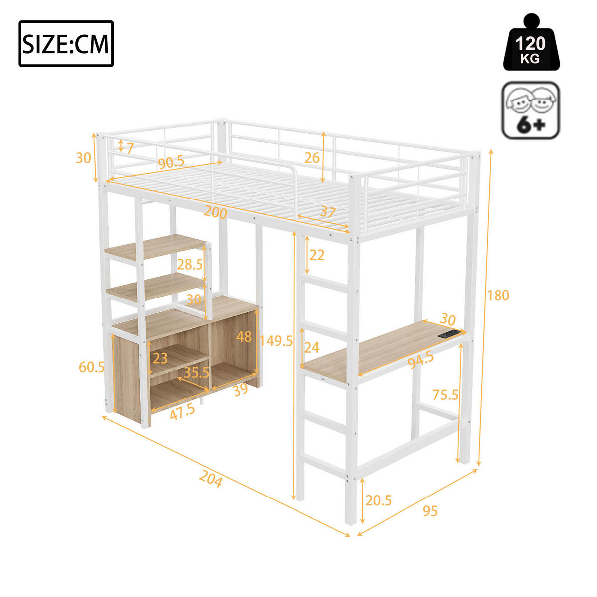 HOCHBETT 90/200 cm Weiß aus Metall mit Schreibtisch - Weiß, Metall (90/200cm) - OKMYHOME