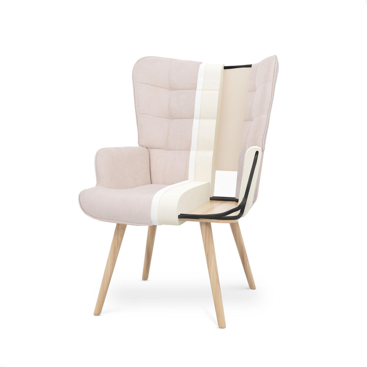 SESSEL Stella Skandinavischer aus beigem Stoff mit Nähten - Beige/Creme, Holz/Holzwerkstoff (67/102/73.5cm) - Sicaan