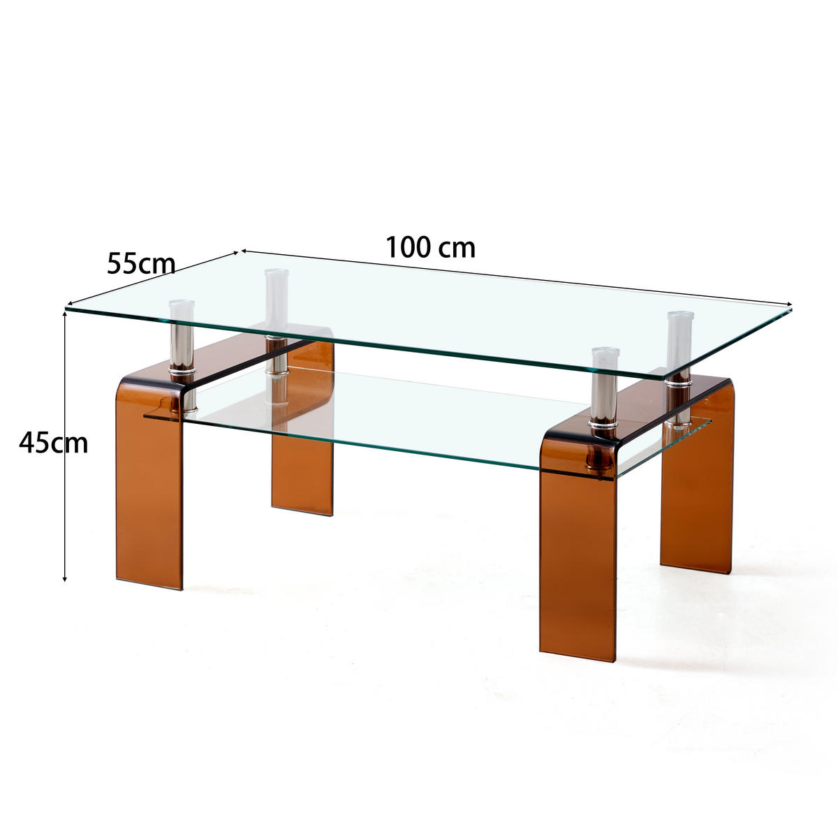 COUCHTISCH Transparent/Braun 100/55/45 cm aus Glas - Klar, Glas (55/100/45cm) - PANGIVO