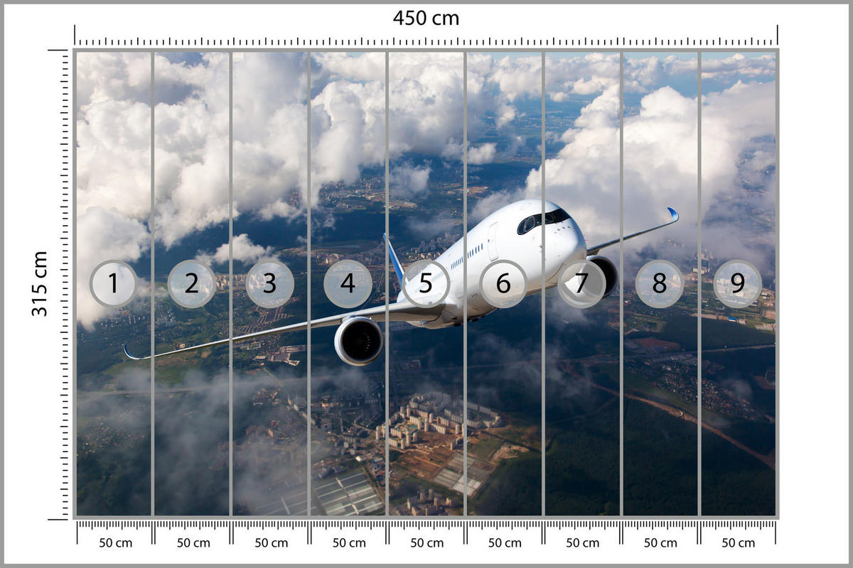 FOTOTAPETE für Jugendzimmer Flugzeug Start Wolken Himmel 450x315 - Blau/Beige, Papier (450/315cm) - Muralo