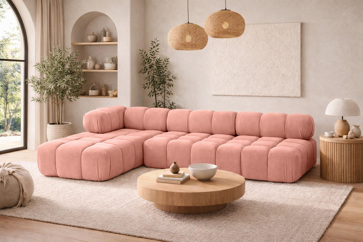 ECKSOFA L-Form Modulare, Veloursstoff Salvador, Rosa, Links, Selia - Rosa, Holz (285/160cm) - Kaiser Möbel