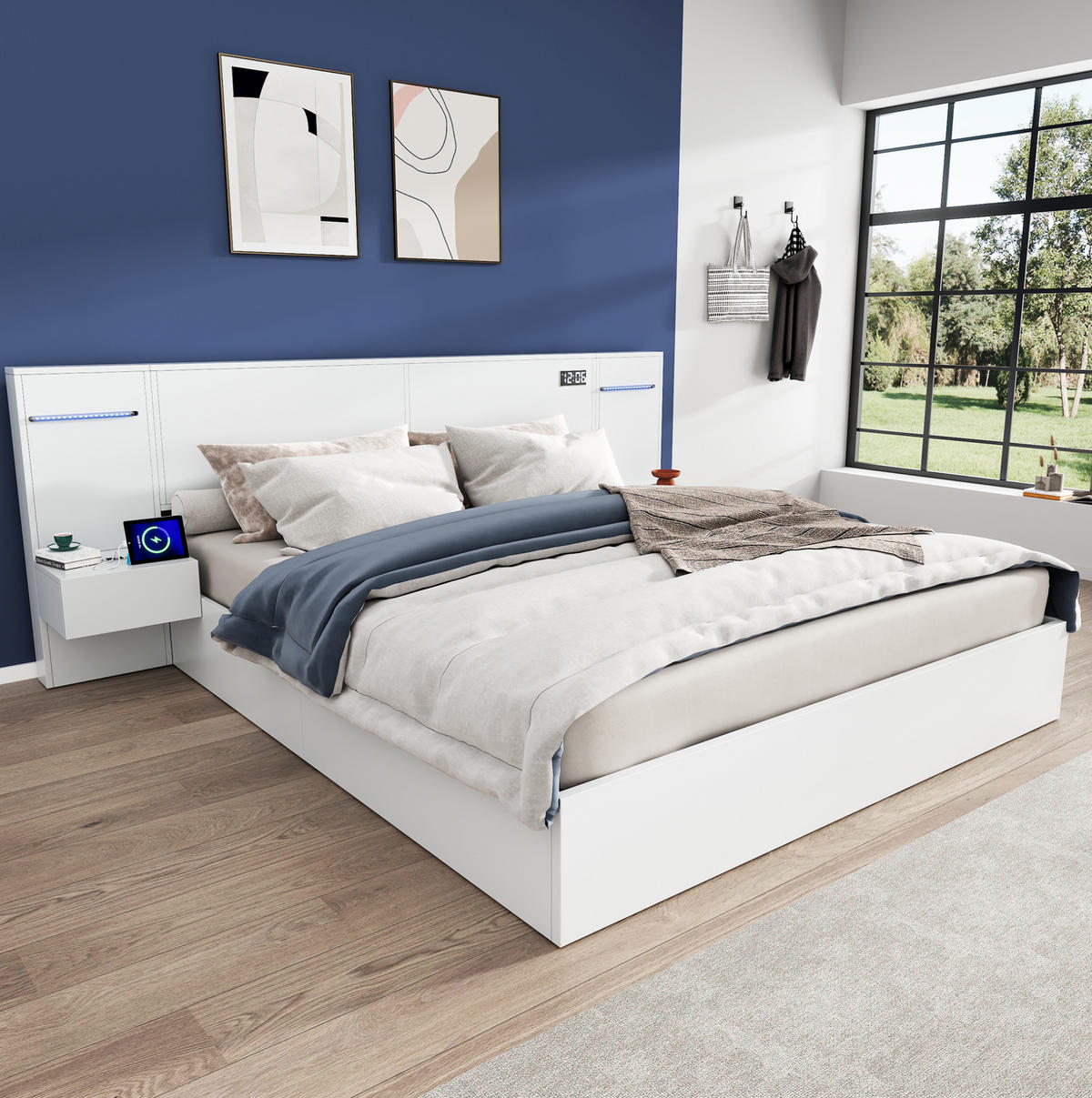 DOPPELBETT 180/200 cm mit Bluetooth-Lautsprechern, USB-A/USB-C, Uhr und Farblichtleiste, Weiß - Weiß, Holzwerkstoff (180/200cm) - Redom