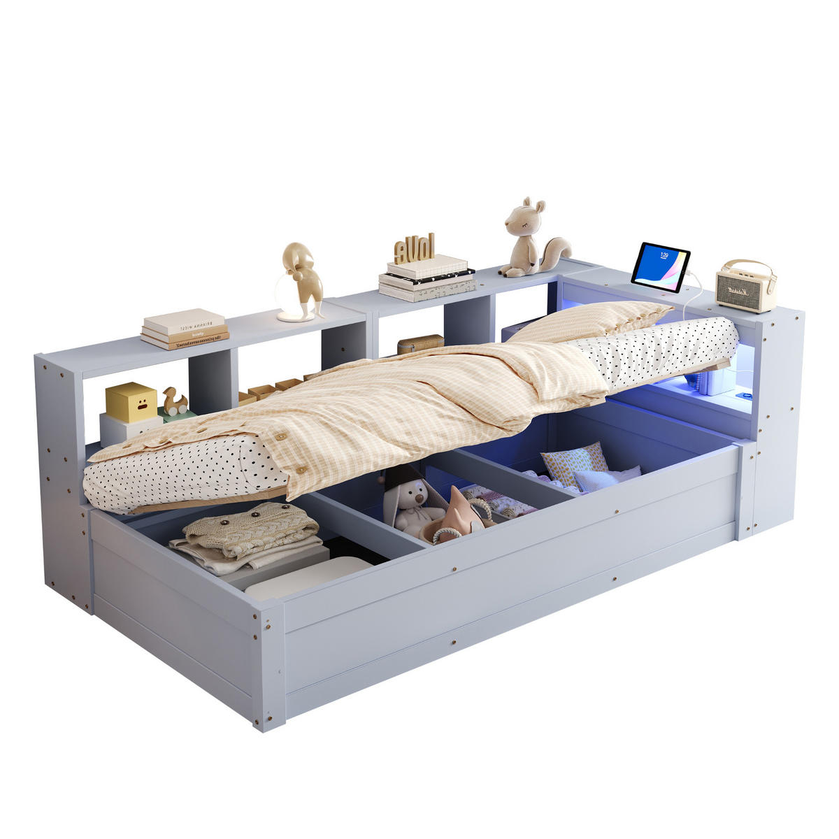 BETT mit Stauraum und LED 90x200 cm Grau - Grau, Holzwerkstoff (90/200cm) - Meubliv