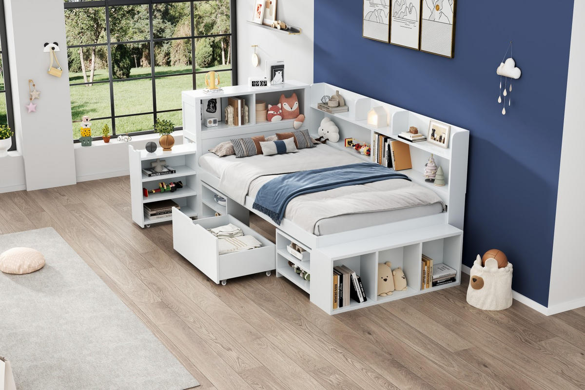 KINDERBETT 90x200cm Weiß Mit Schubladen Bücherregal & Schrank - Weiß, Holzwerkstoff (90/200cm) - FLIEKS