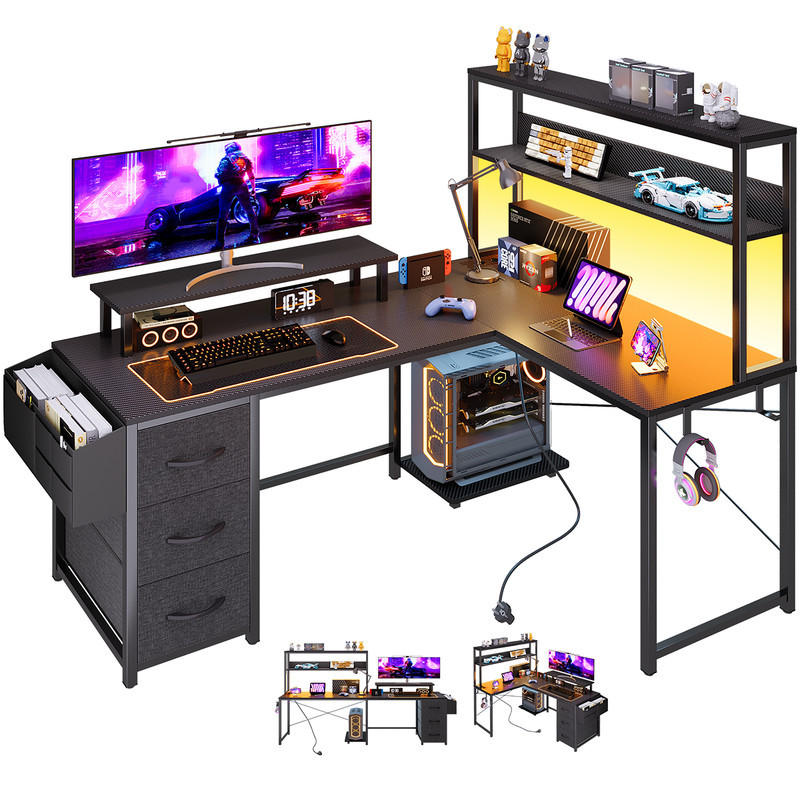 GAMINGTISCH L-förmig mit LED, 148 x 100 x 75 cm, großer Eck-Computertisch mit Stauraum, mit Monitorständer, 2 Steckdosen und USB, 3 Schubladen - Schwarz, Metall (150/48/75cm)
