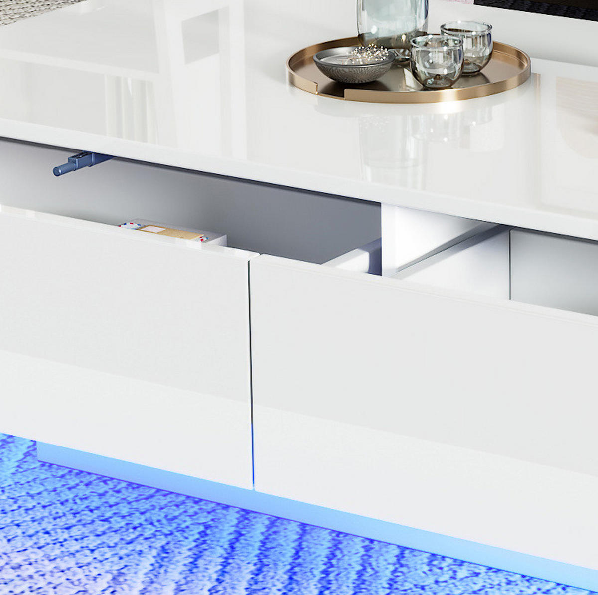 COUCHTISCH 115/55/34 cm in Weiß aus Spanplatte mit LED-Beleuchtung und 2 Schubladen - Weiß, Holzwerkstoff (115/55/34cm) - OKMYHOME