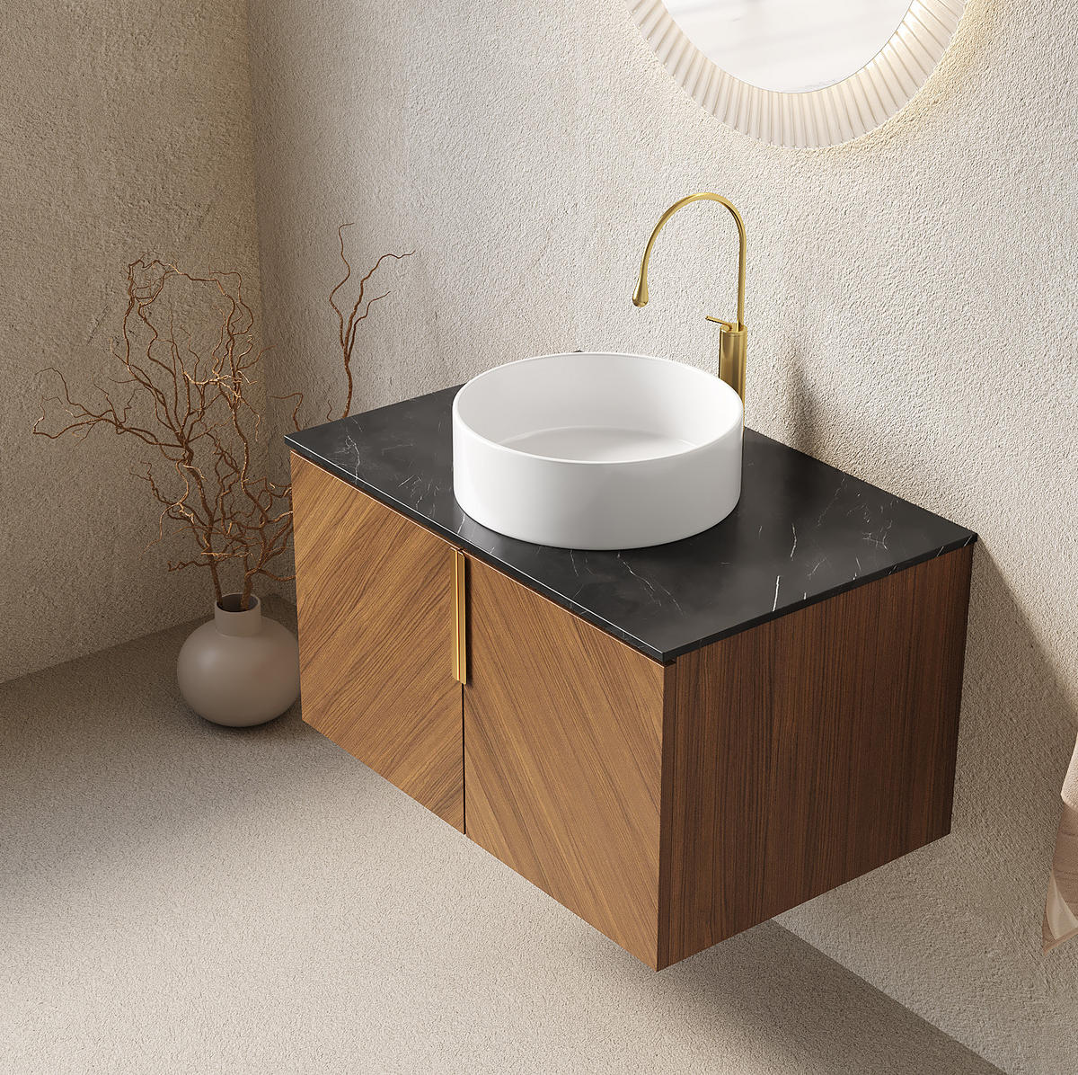 WASCHTISCHKOMBI 76/50/40 cm Braun-Eiche aus Sperrholz mit Keramikbecken und Soft-Close - Schwarz, Keramik (76/53.1/50cm) - OKWISH