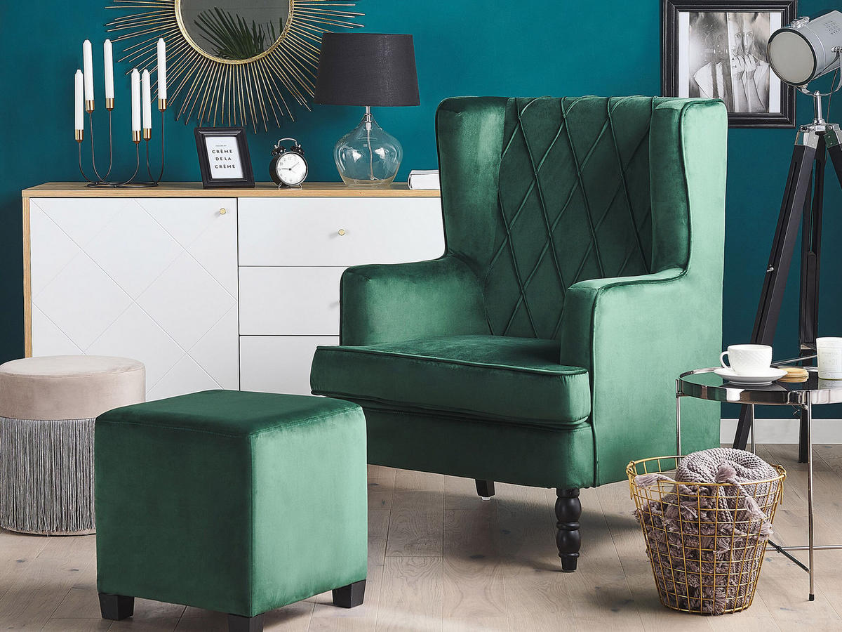 SESSEL Samtstoff grün plus Hocker Sandset - Grün, Textil (72/103/75cm) - Beliani