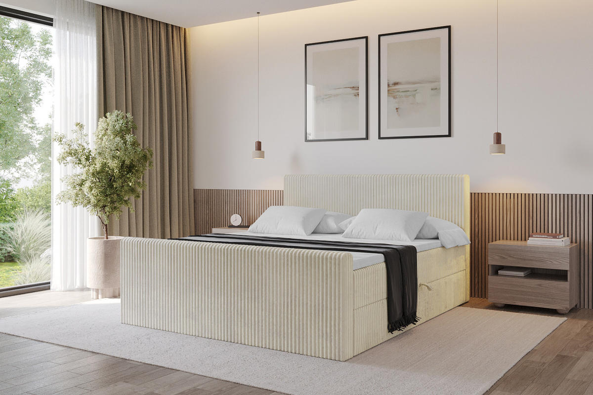 BOXBETT mit Matratze H3 und Lattenrost - TOLO-Z - 140x200 Cord - Creme - Champagner, Holzwerkstoff (140/200cm) - ALTDECOR