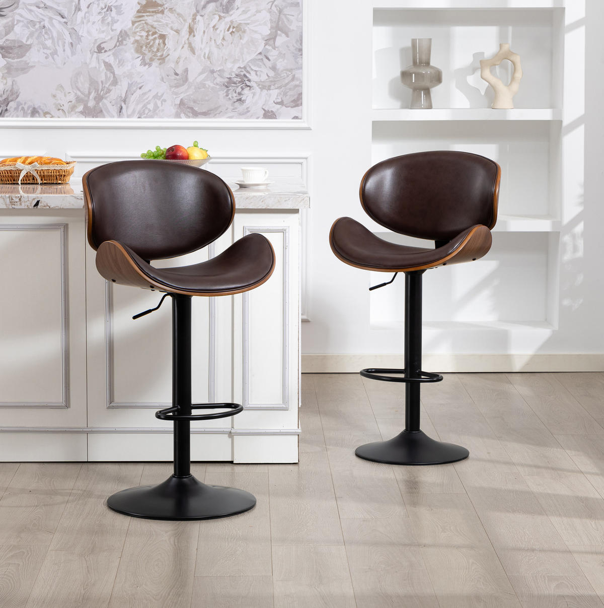 BARHOCKER drehbar höhenverstellbar 2er-Set PU-Leder Braun - Braun, Metall (50/93/51cm) - Meubliv