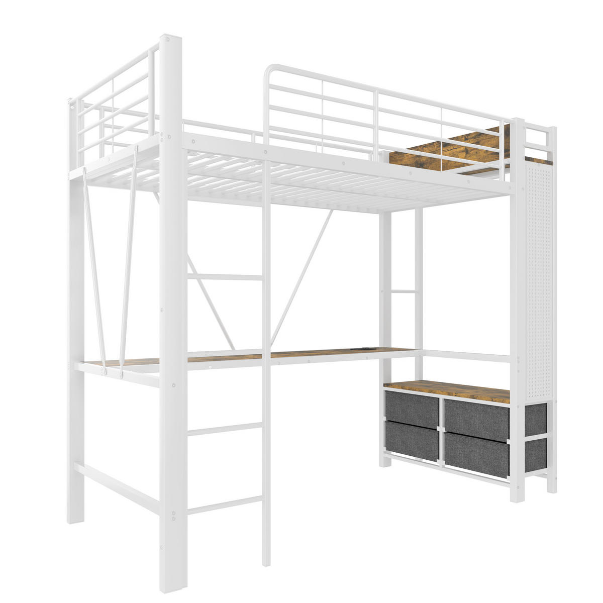 HOCHBETT 90/200 cm in Weiß mit Schreibtisch, 4 Schubladen, Regal, LED, USB und Type-C Metall modern - Weiß, Holz/Metall (90/200cm) - STILVORA