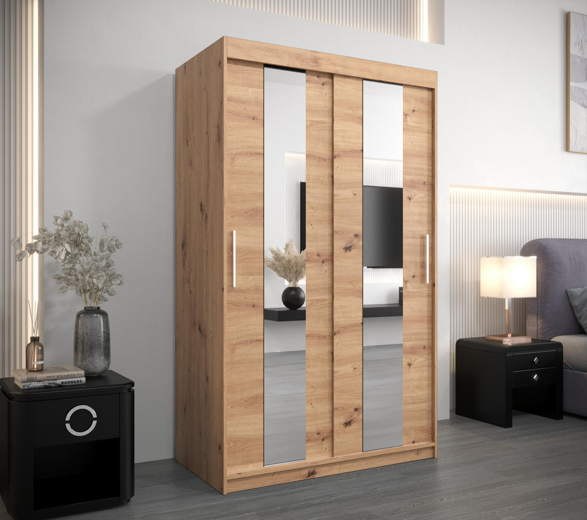 SCHWEBETÜRENSCHRANK 200/120/62 2-türig - Silberfarben/Eiche Artisan, Holz/Kunststoff (120/200/62cm) - MÖBEL KRYSPOL