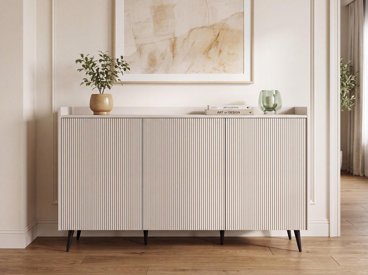 SIDEBOARD Arysa – Geriffelt, 3 Türen, Hohe Metallfüße – Kaschmir 150/92/41 cm - Kaschmir/Beige, Holzwerkstoff/Metall (150/92/41cm) - WFL GROUP