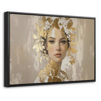 LEINWAND Bilder mit Rahmen - Gesicht - Frau - Blätter - Gold - 60x40 - Beige, Textil (60/40cm) - MuchoWow