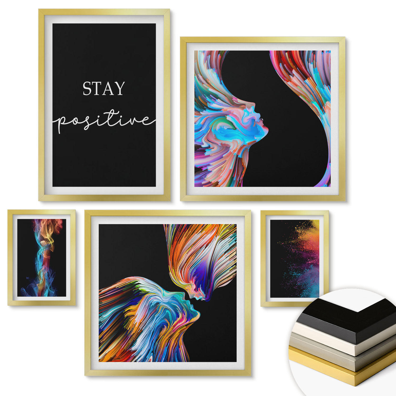 WANDBILDER 5er Set - 50x50 cm & 20x30 cm & 40x60 cm Goldrahmen - Rosa geometrische Pfingstrosen - Goldfarben, Kunststoff (40/60cm) - ArtPrintCave