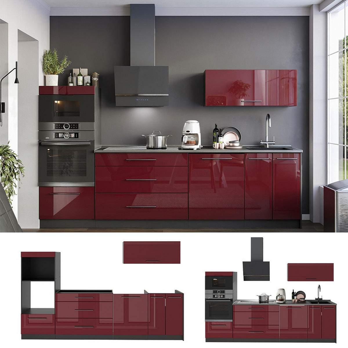 KÜCHENZEILE Fame-Line, Bordeaux Hochglanz/Anthrazit, 280 cm ohne Arbeitsplatte - Bordeaux/Anthrazit, Holzwerkstoff (280/153.6/51.6cm) - Vicco