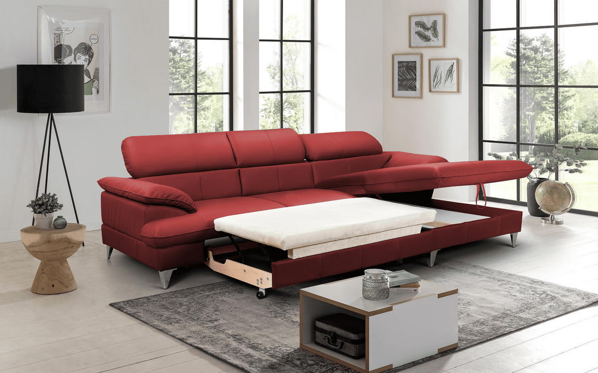 ECKSOFA mit Schlaffunktion und Bettkasten, Echtleder - Chromfarben/Rot, Leder/Holz (167/254cm) - Cotta
