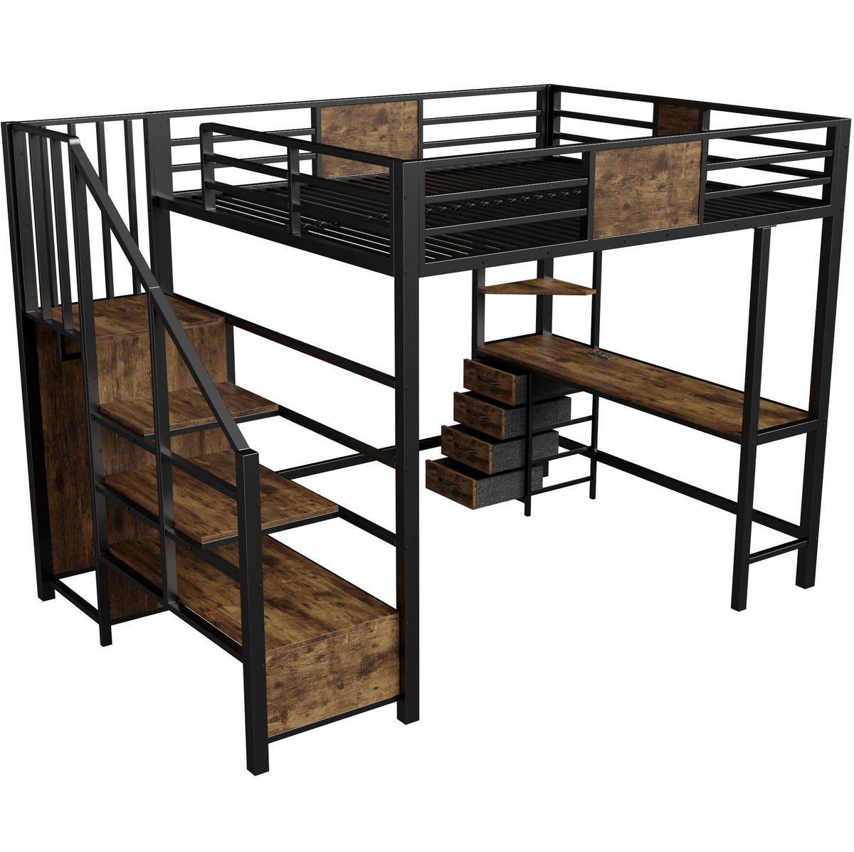 HOCHBETT 140/200 cm mit Schreibtisch, LED und Steckdose - Schwarz, Metall (140/200cm) - MIVRAY