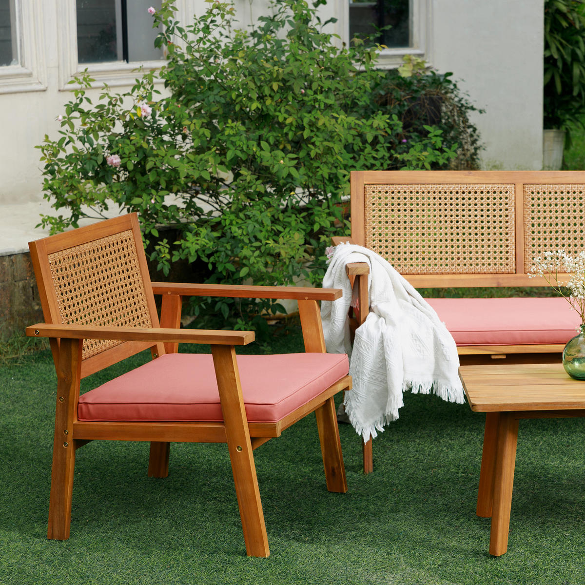 GARTENGARNITUR Rattan - Rosa - Hellrosa, Holz - Nordlys