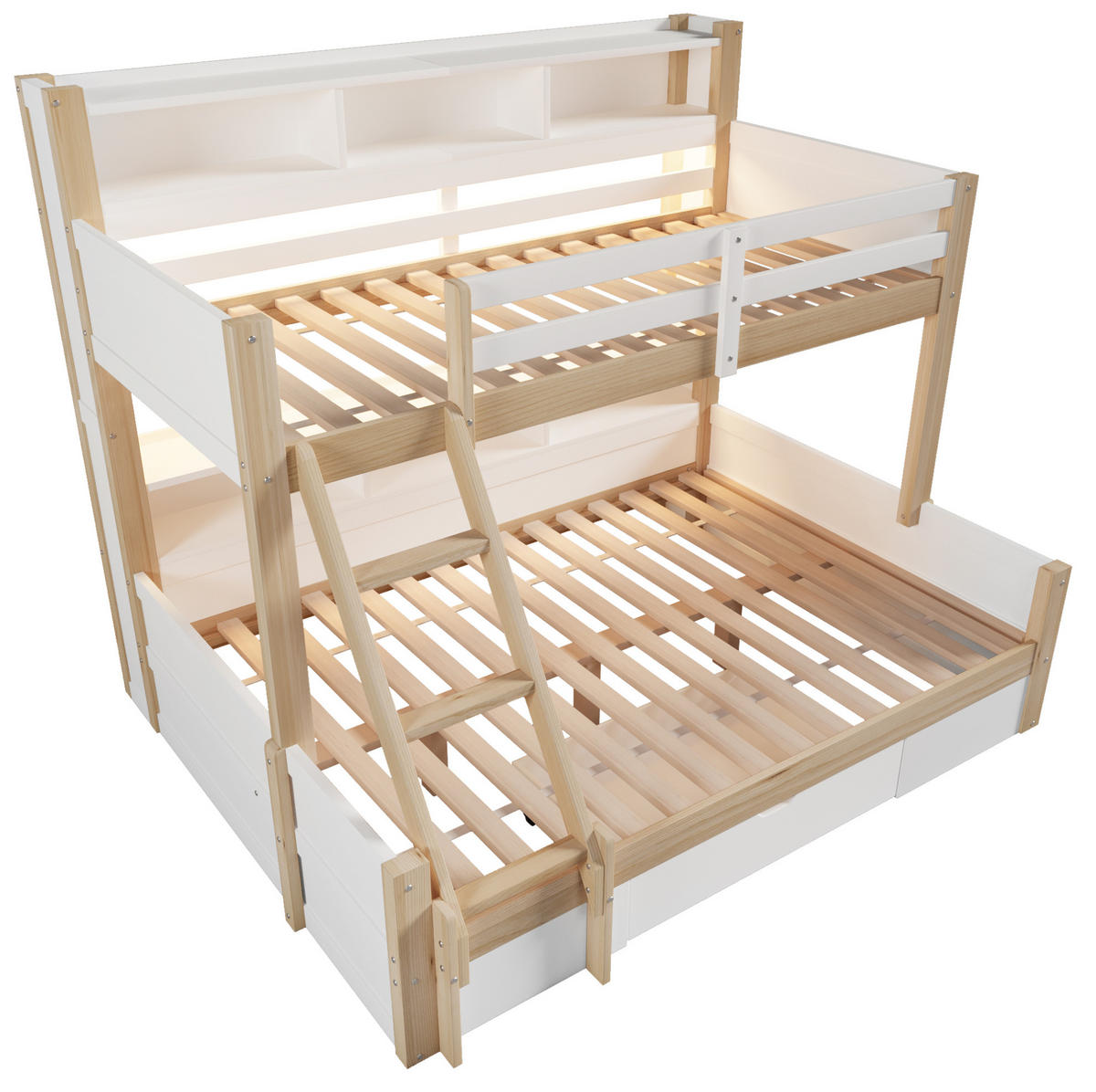 ETAGENBETT 90/200 + 140/200 cm mit LED-Beleuchtung und Stauraum in Weiß/Natur - Weiß, Holz - BEAOK